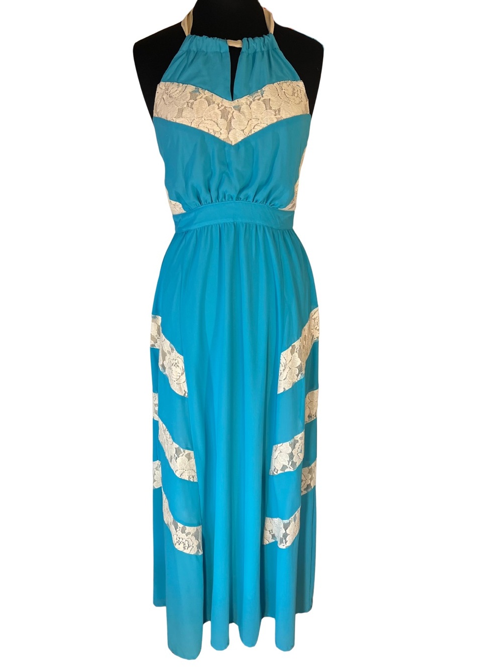Turquoise Halter Maxi Dress with Cream Lace Insets